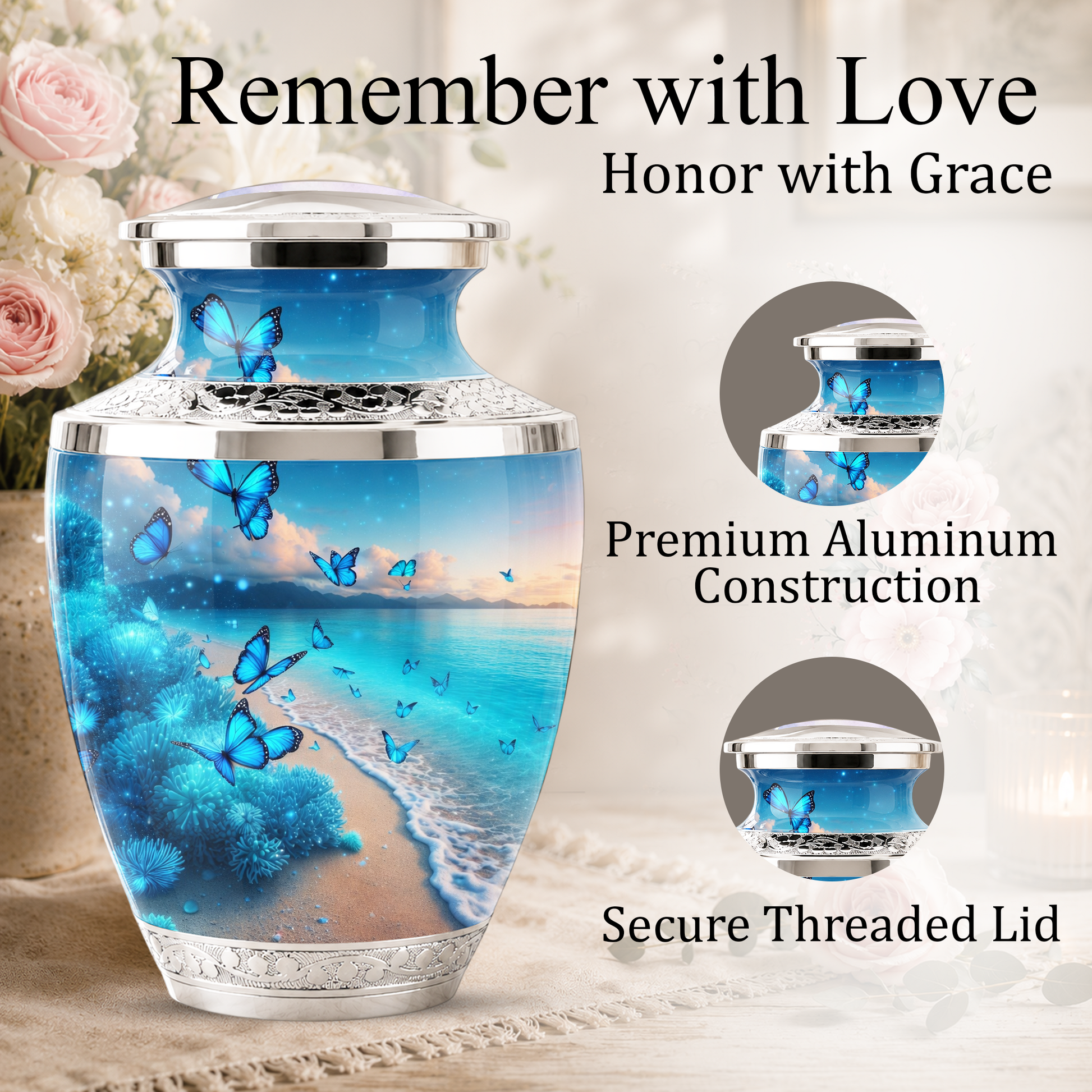 Blue Butterfly Beach Urn for Mom, Ocean Cremation Urn for Women, Butterfly Memorial Keepsake
