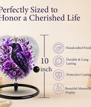 Purple Raven Heart Cremation Urn for Ashes, Crow Memorial Urn, Purple Floral Urn, Raven Urn for Ashes, Personalized Heart Cremation Urn