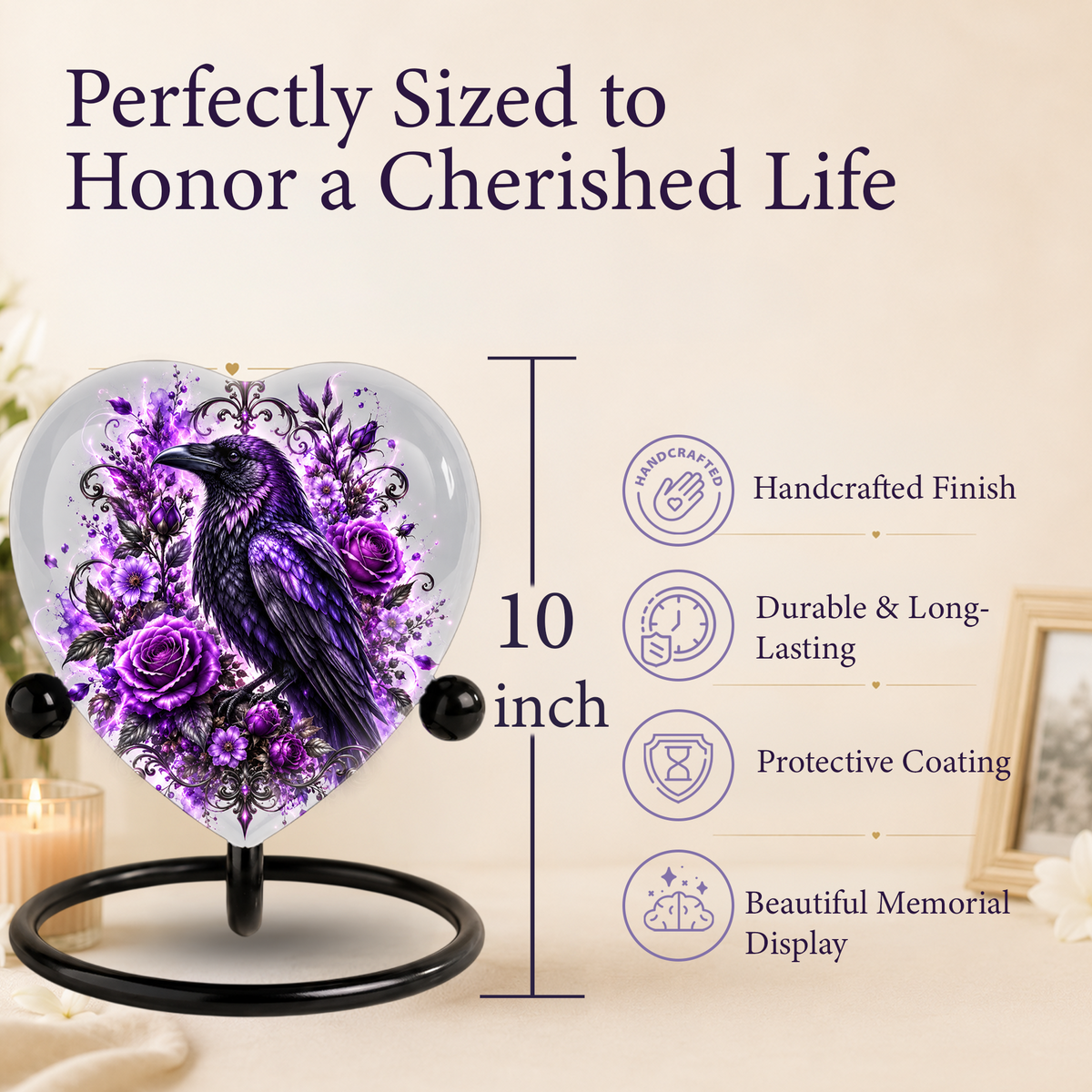 Purple Raven Heart Cremation Urn for Ashes, Crow Memorial Urn, Purple Floral Urn, Raven Urn for Ashes, Personalized Heart Cremation Urn