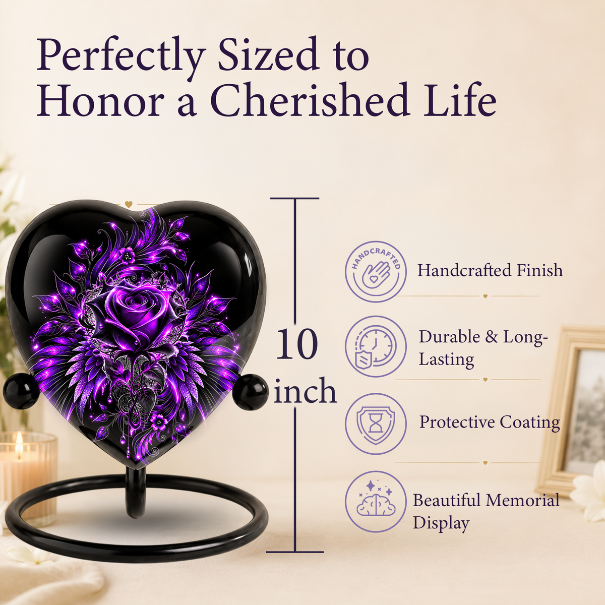 Purple Rose Heart Cremation Urn for Ashes, Purple Floral Urn, Heart Shaped Memorial Urn, Personalized Rose Urn, Gothic Flower Urn