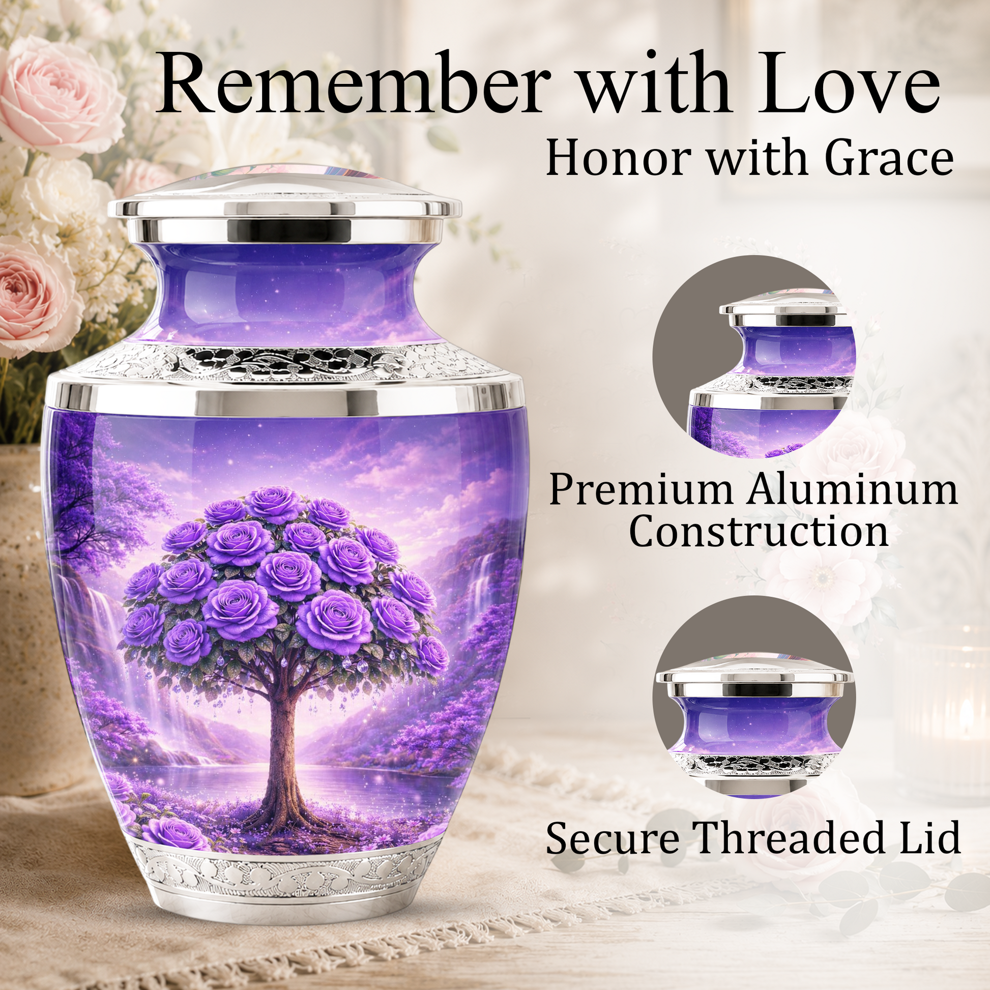 Purple Rose Cremation Urn for Mom, Lavender Rose Memorial Urn, Mother Keepsake for Ashes