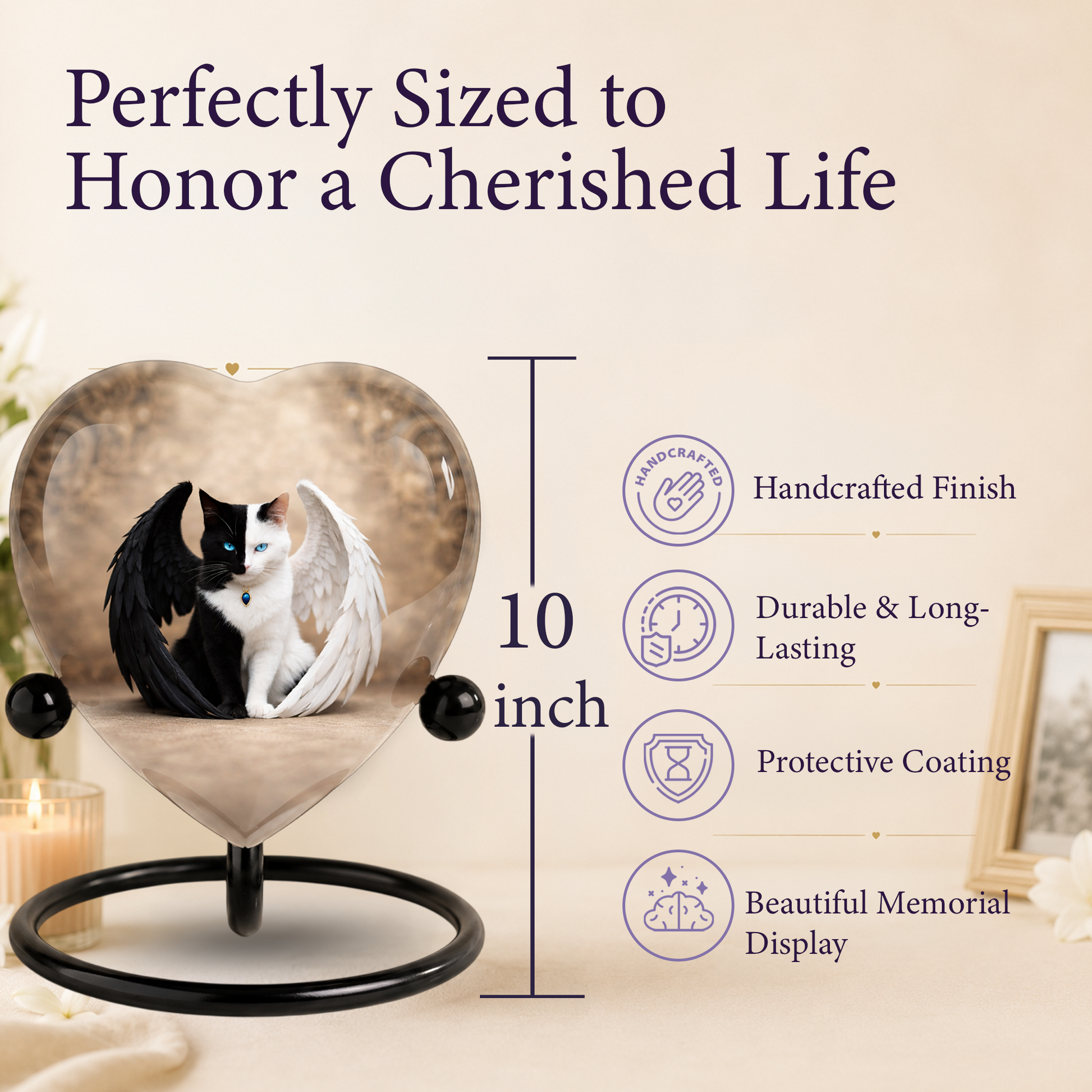 Adult Urn for Ashes – Heart Shaped Adult Cremation Urn with Angel Cat Wings