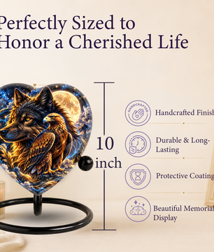 Heart Shaped Wolf and Eagle Urn for Ashes, Wildlife Cremation Urn, Celestial Moon Animal Memorial Urn