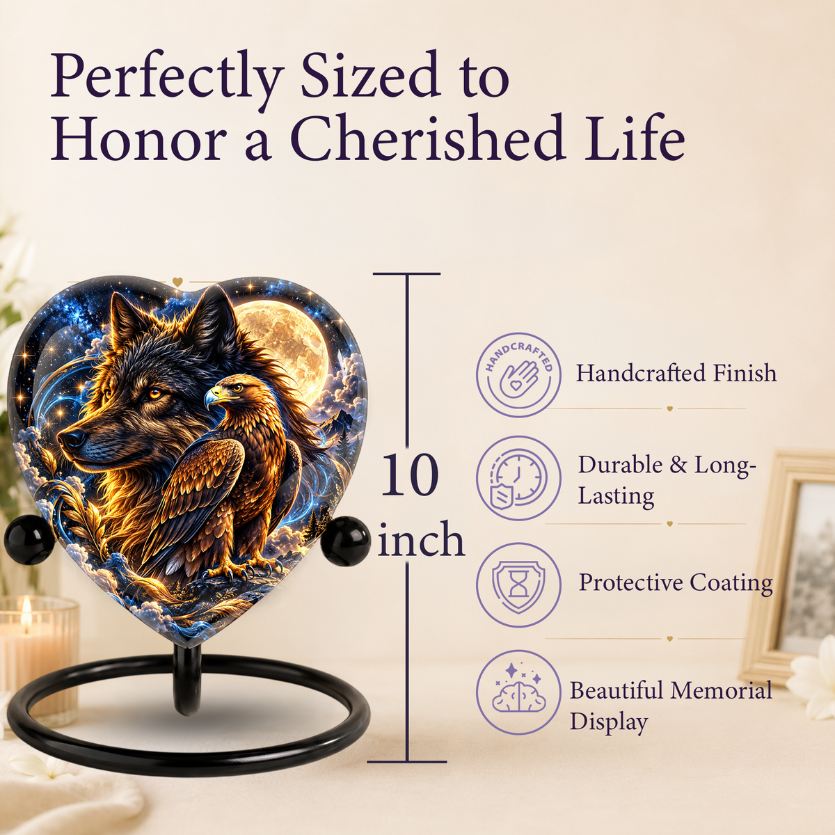 Heart Shaped Wolf and Eagle Urn for Ashes, Wildlife Cremation Urn, Celestial Moon Animal Memorial Urn