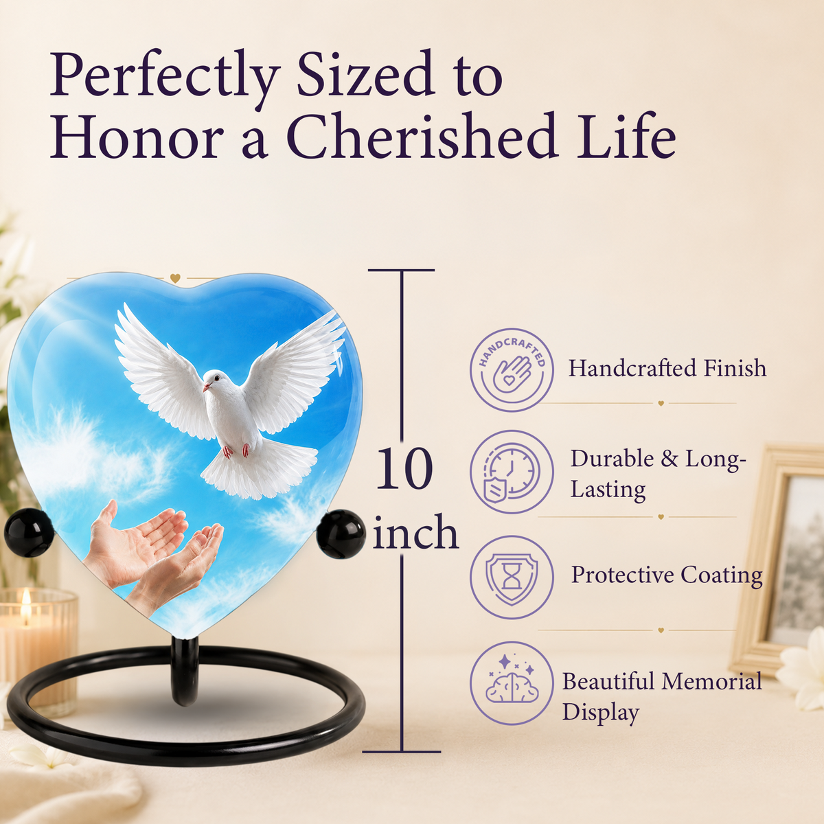 Dove Urn for Ashes, Heart Shaped Adult Cremation Urn, Peaceful White Dove Memorial Urn