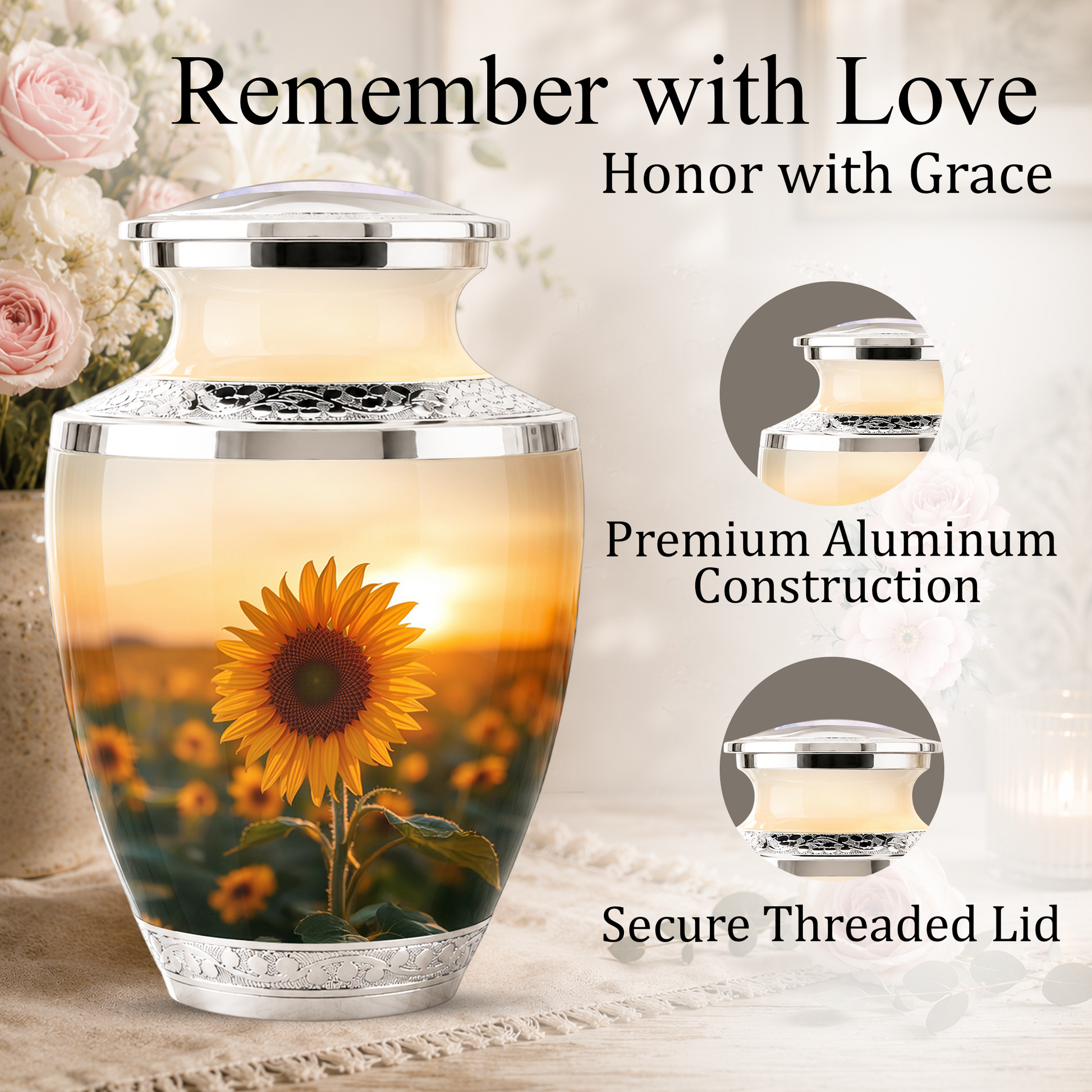 Sunflower Cremation Urn for Male and Female, Custom Memorial Large Urn