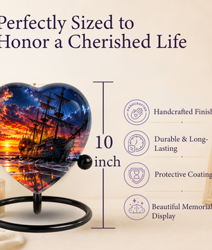 Pirate Ship Heart Cremation Urn for Ashes, Personalized Adult Memorial Urn, Nautical Urn for Men