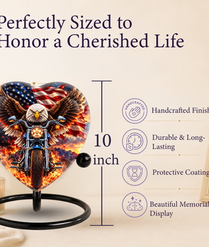 Heart Shaped Eagle Motorcycle Urn for Ashes, American Flag Cremation Urn, Patriotic Biker Memorial Urn for Human Ashes