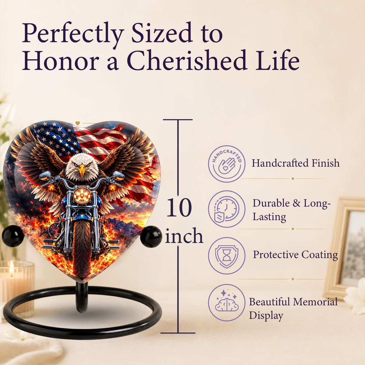 Heart Shaped Eagle Motorcycle Urn for Ashes, American Flag Cremation Urn, Patriotic Biker Memorial Urn for Human Ashes