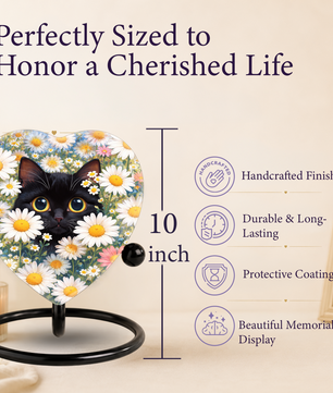 Personalized Black Cat Urn for Ashes – Heart-Shaped White Daisy Memorial,Floral Cat Cremation Urn