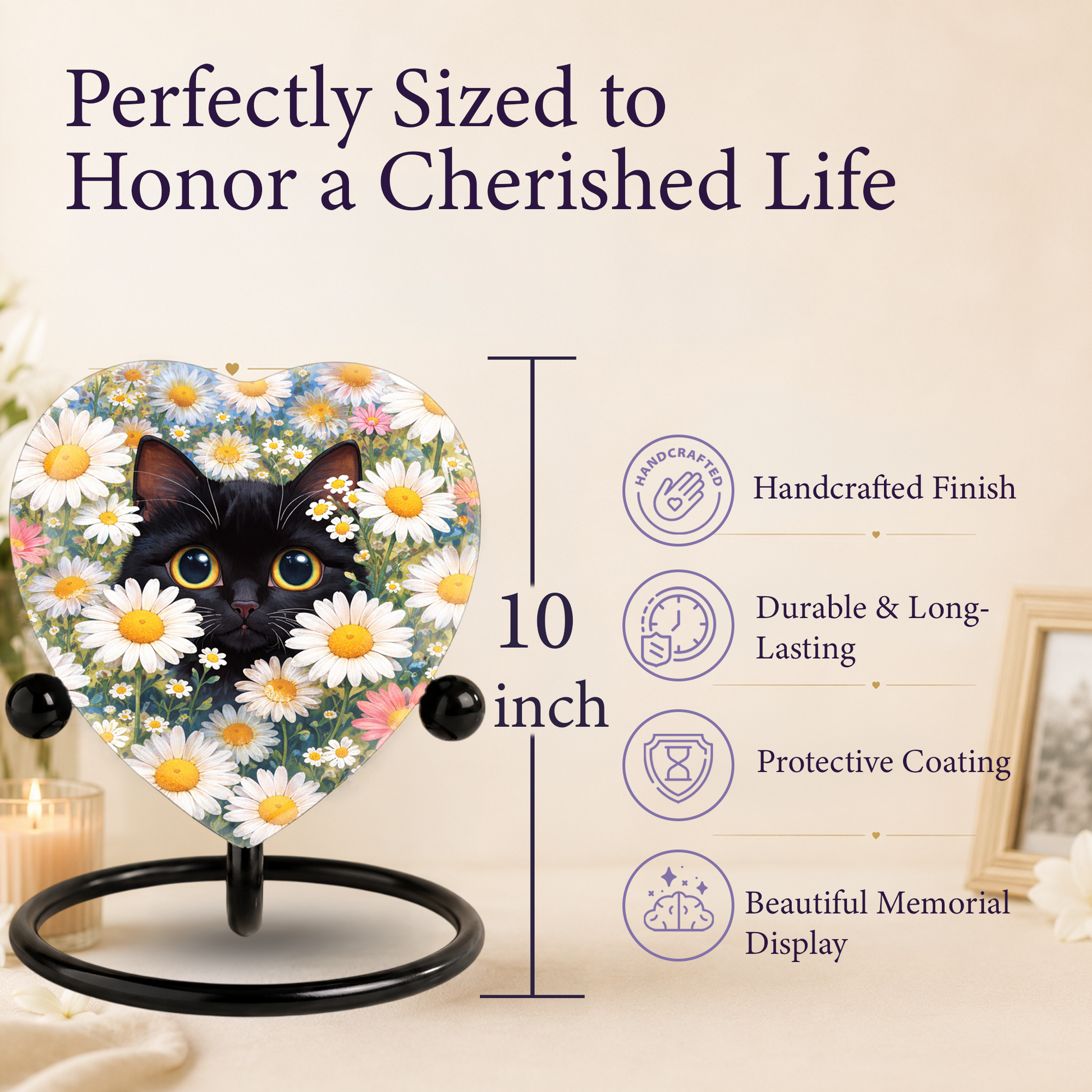 Personalized Black Cat Urn for Ashes – Heart-Shaped White Daisy Memorial,Floral Cat Cremation Urn