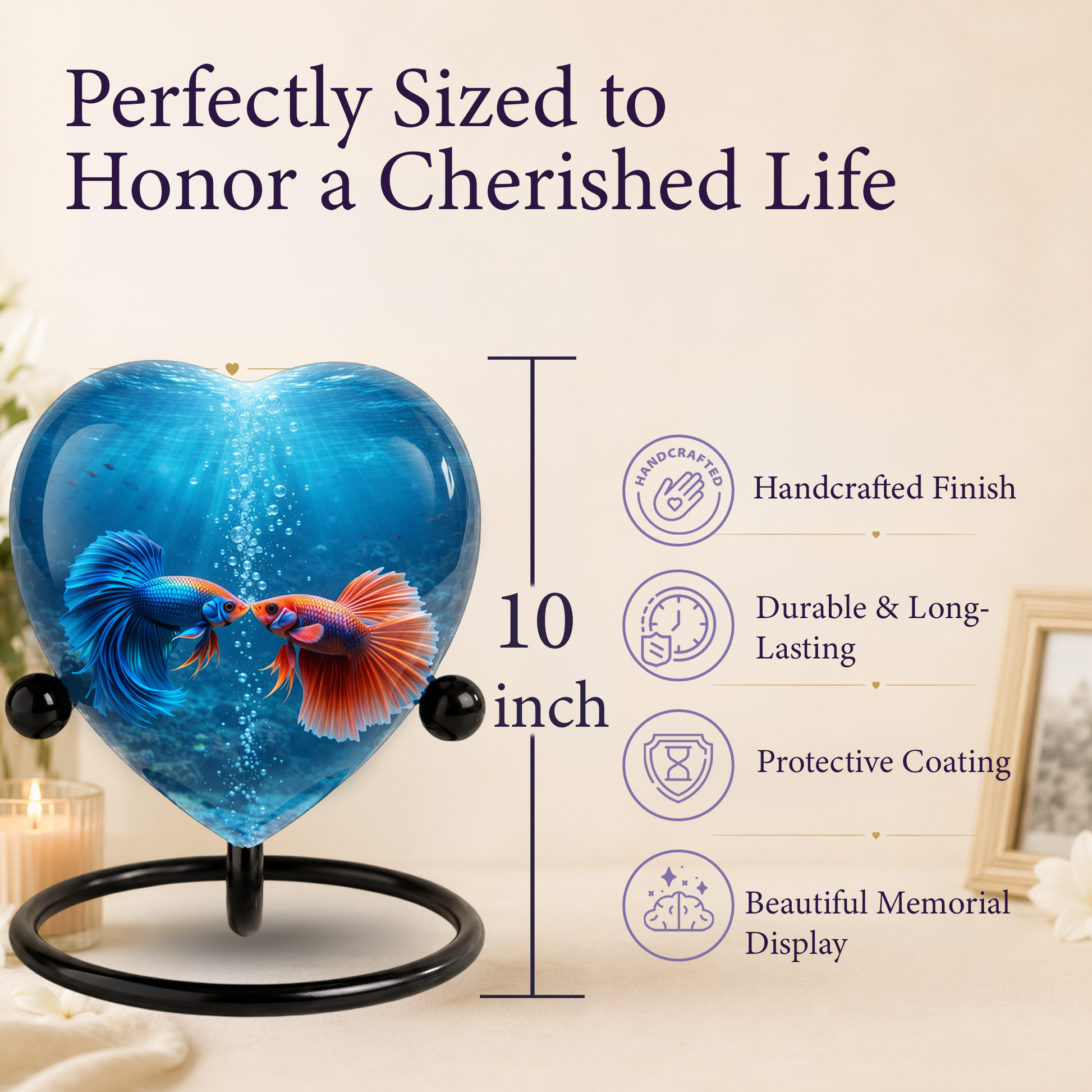 Heart-Shaped Betta Fish Cremation Urn – Beautiful Memorial Keepsake Urn for Adult Ashes, Unique Fish Urn for Loved Ones
