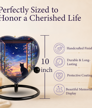 Black Cat Sunset Memorial Adult Urn – Heart-Shaped Adult Urn for Ashes Adult Cremation Urns, Urn for Ashes Adult