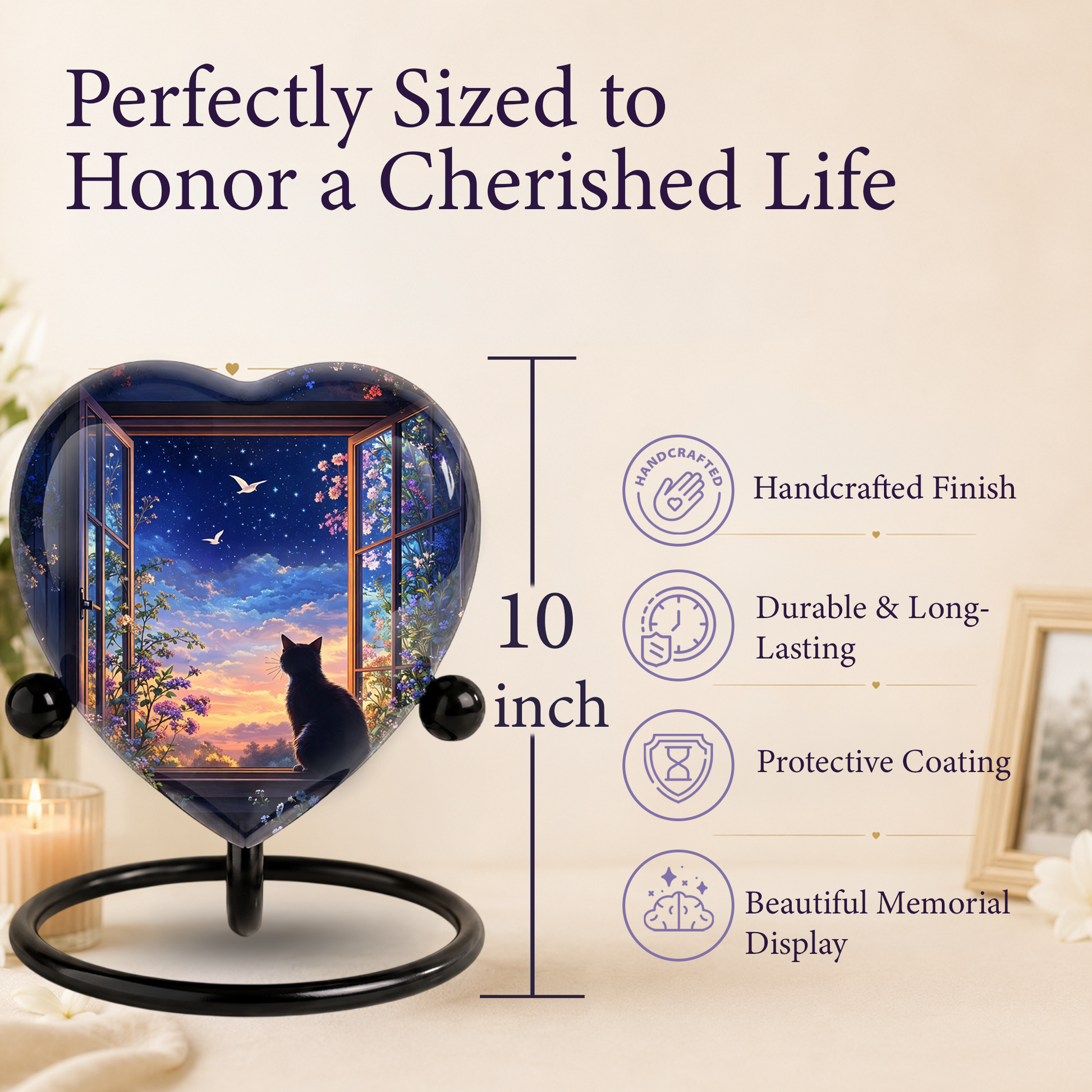 Black Cat Sunset Memorial Adult Urn – Heart-Shaped Adult Urn for Ashes Adult Cremation Urns, Urn for Ashes Adult