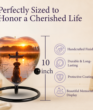 Sunset Fishing Dog Adult Urn for Human Ashes – Heart-Shaped Lake Memorial Adult Cremation Urn
