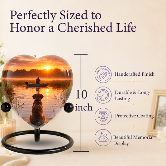 Sunset Fishing Dog Adult Urn for Human Ashes – Heart-Shaped Lake Memorial Adult Cremation Urn