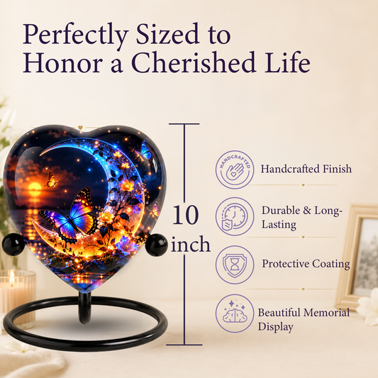Heart Shaped Butterfly Urn for Ashes, Blue Moon and Sunset Cremation Urn, Colorful Butterfly Memorial Urn for Human Ashes