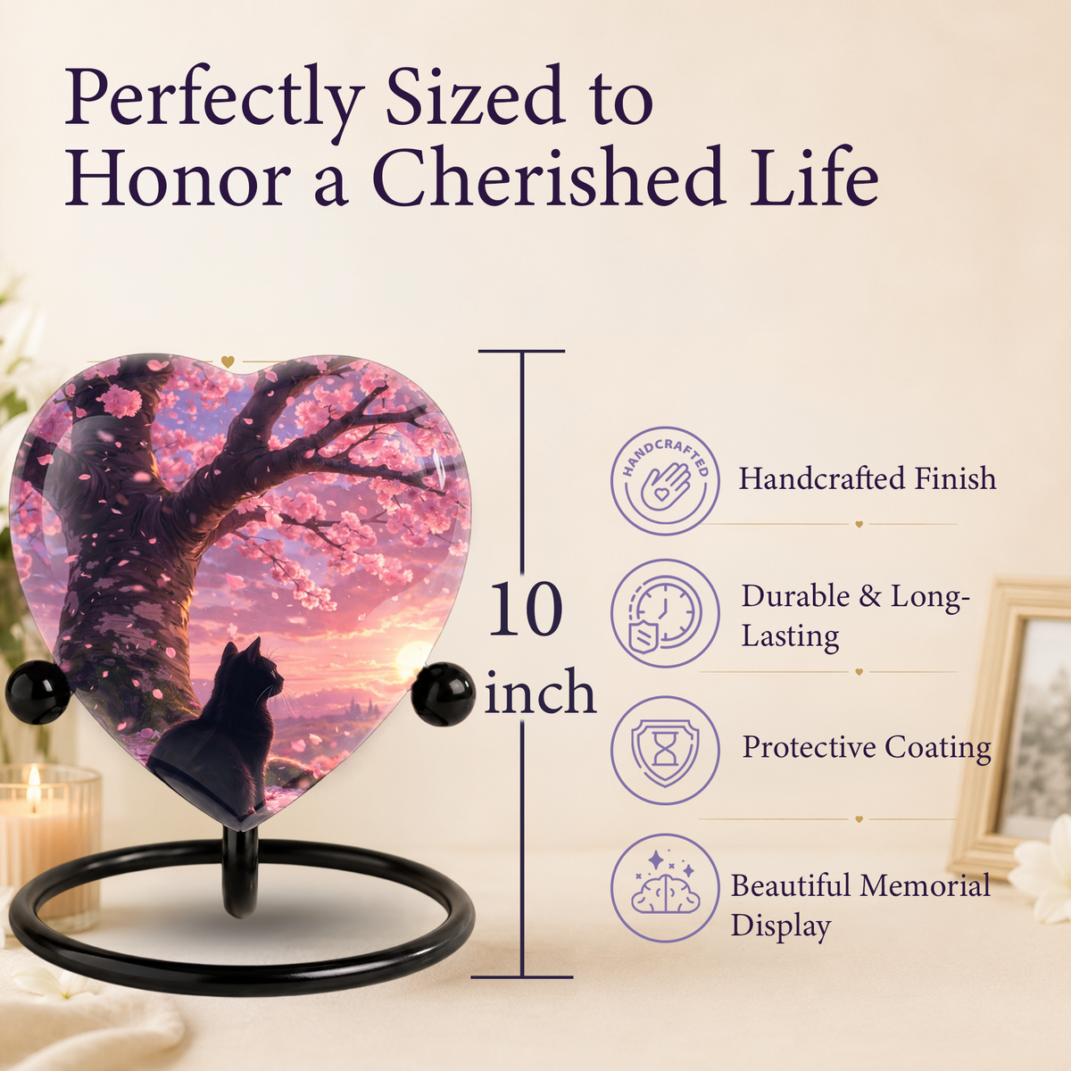 Cherry Blossom Cat Memorial Urn – Black Cat Sunset Heart Urn,Cat Memorial Keepsake Urn for Ashes