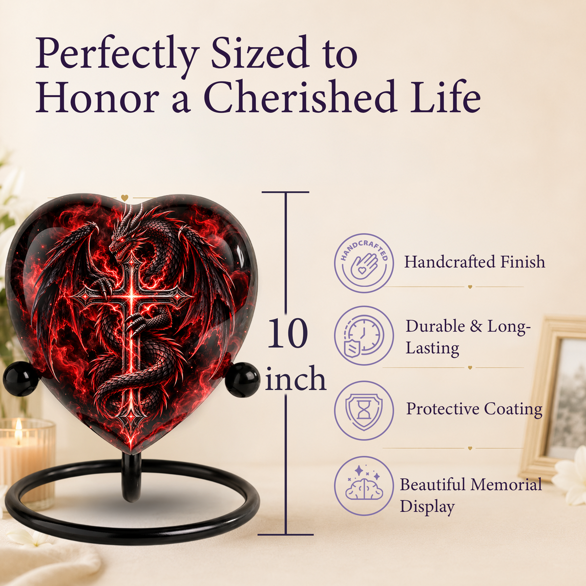 Red Dragon Cremation Urn for Ashes, Dragon Cross Memorial Urn, Gothic Fantasy Adult Urn, Personalized Dragon Urn for Men, Heart Shaped Urn
