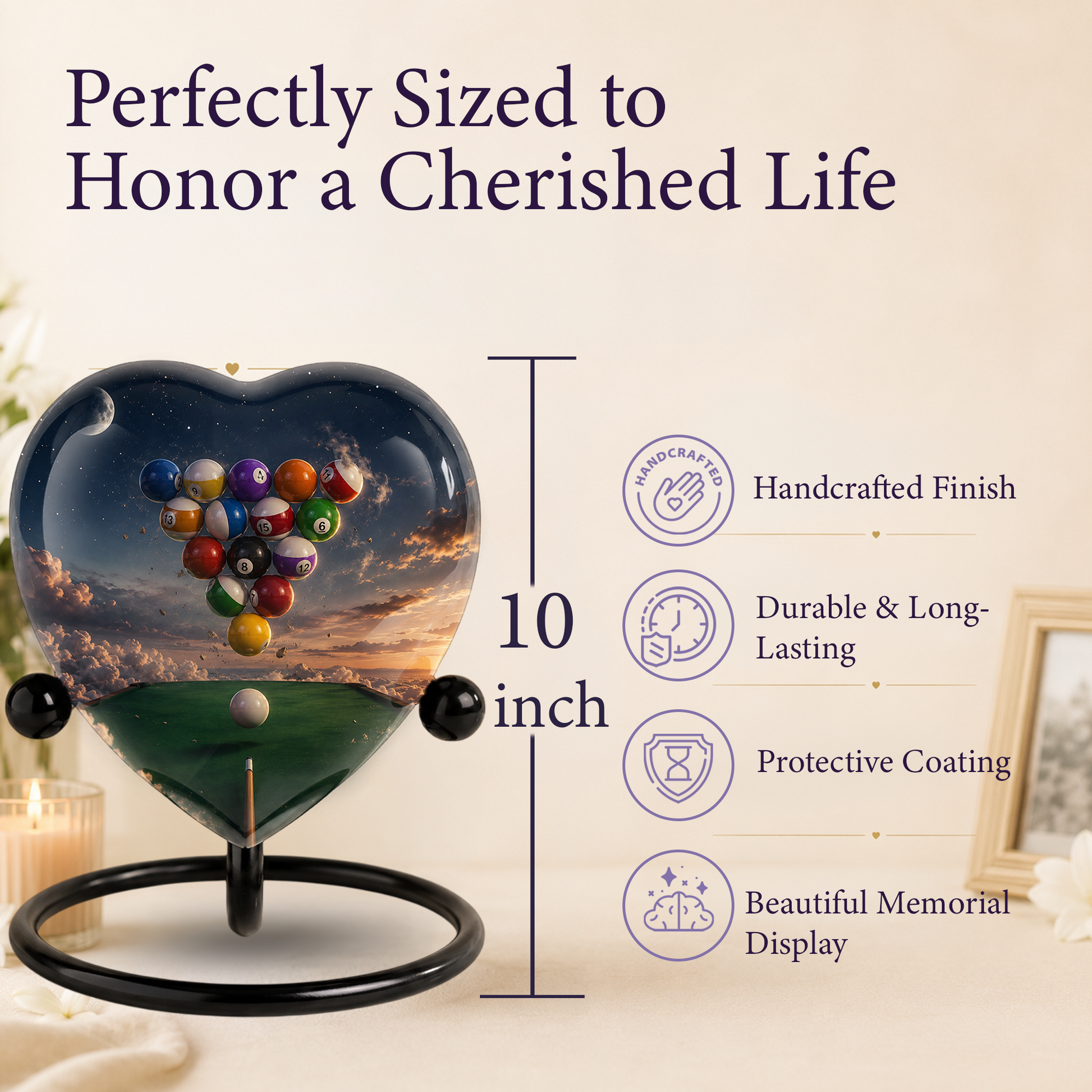 Billiards Pool Table Adult Urn – Pool Balls Sunset Heart Design Adult Cremation Urn for Ashes