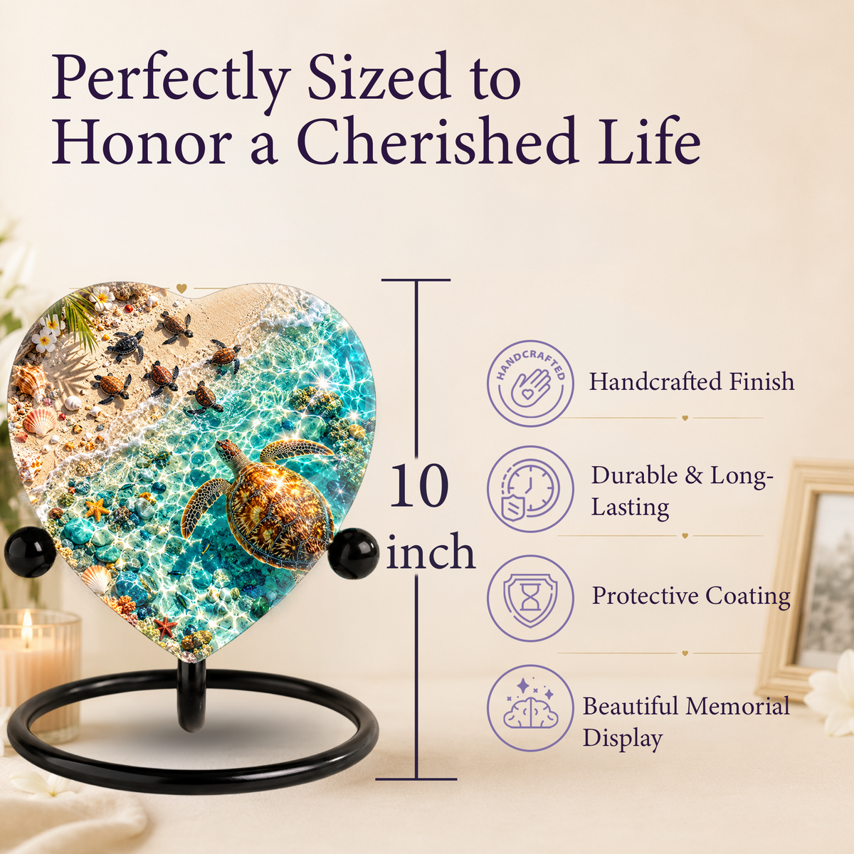 Sea Turtle Cremation Urn for Ashes, Turtle Beach Memorial Urn, Ocean Life Heart Urn