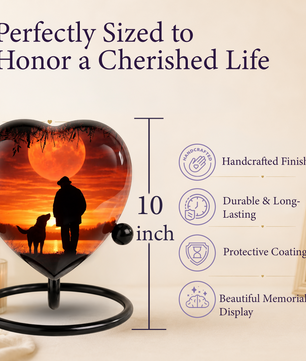 Heart Shaped Urn for Dad – Sunset Memorial Urn with Man & Dog, Personalized Urn for Dad,