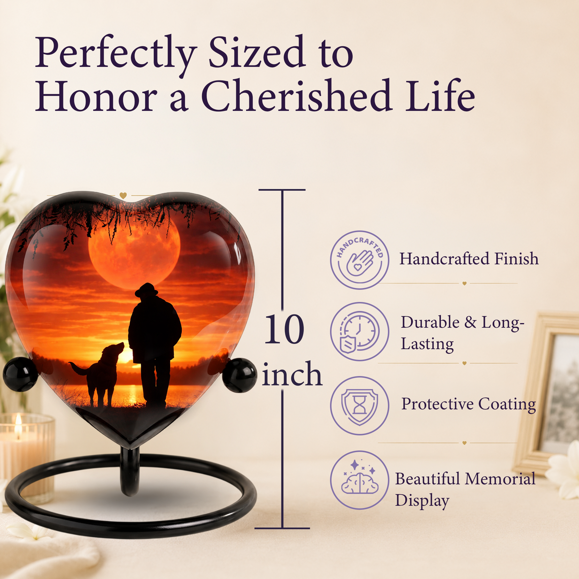 Heart Shaped Urn for Dad – Sunset Memorial Urn with Man & Dog, Personalized Urn for Dad,