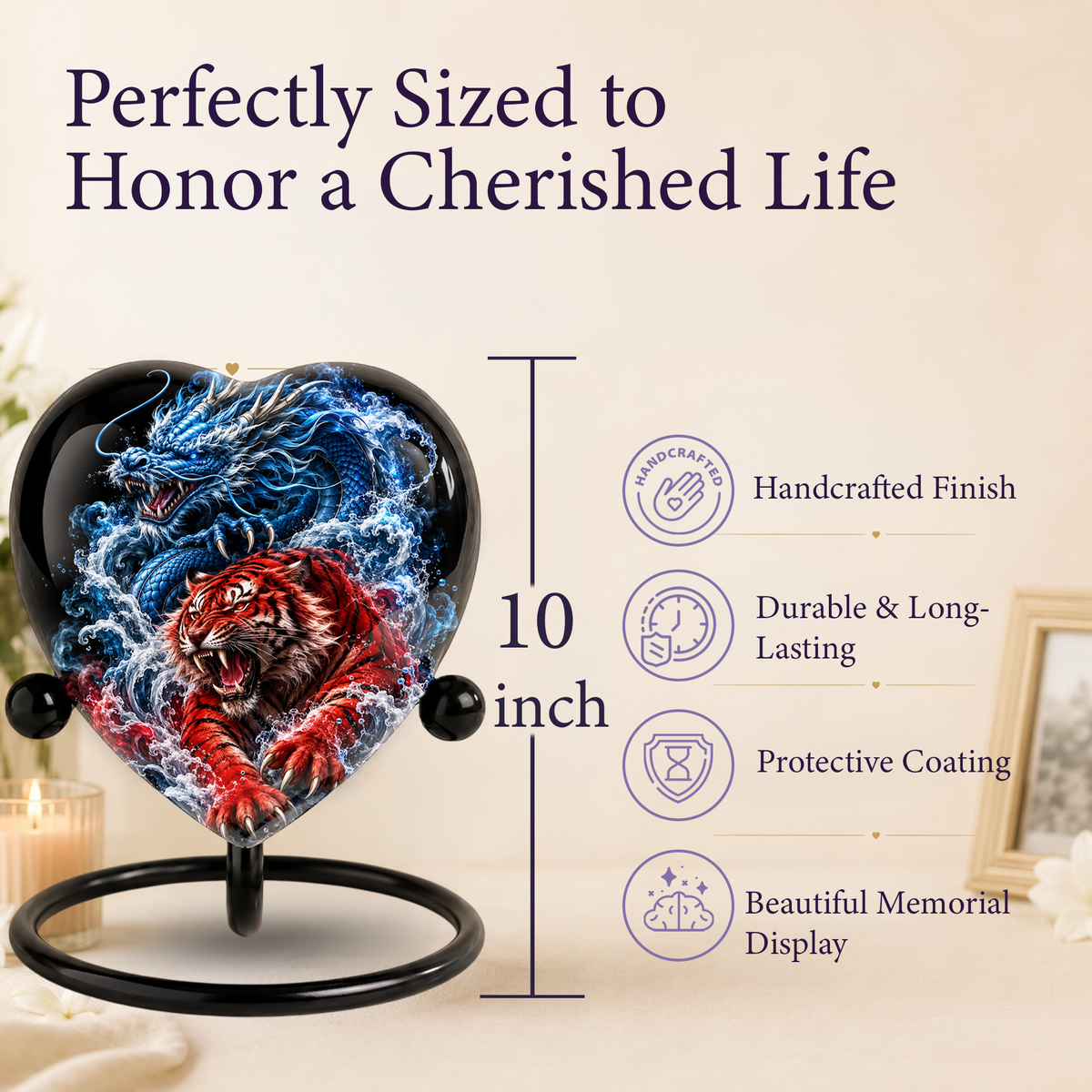 Dragon Tiger Heart Cremation Urn for Ashes, Personalized Adult Memorial Urn Heart Shaped Adult Cremation Urn