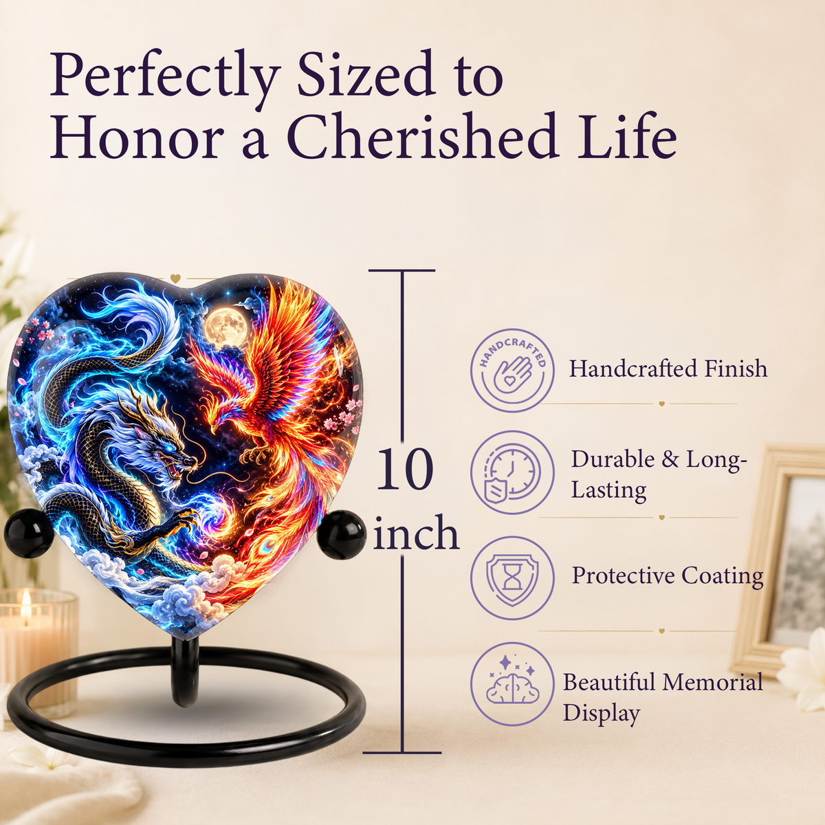 Heart Shaped Dragon and Phoenix Urn for Ashes, Blue Dragon Firebird Cremation Urn, Fantasy Memorial Urn for Human Ashes