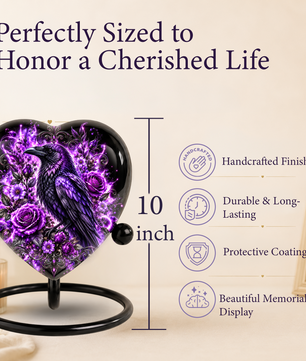 Purple Raven Heart Cremation Urn for Ashes, Raven Memorial Urn, Purple Floral Urn, Crow Urn for Ashes, Gothic Heart Cremation Urn
