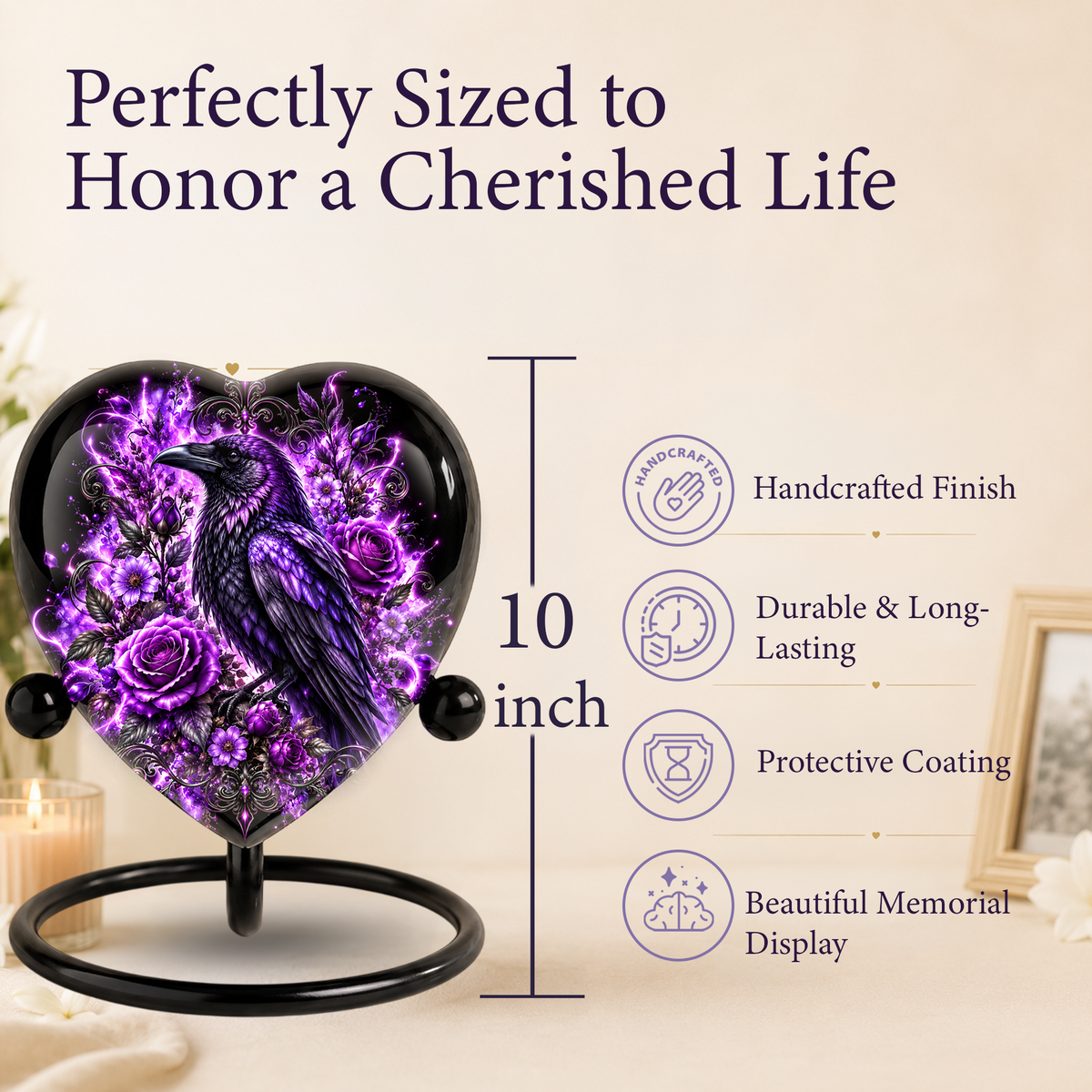 Purple Raven Heart Cremation Urn for Ashes, Raven Memorial Urn, Purple Floral Urn, Crow Urn for Ashes, Gothic Heart Cremation Urn