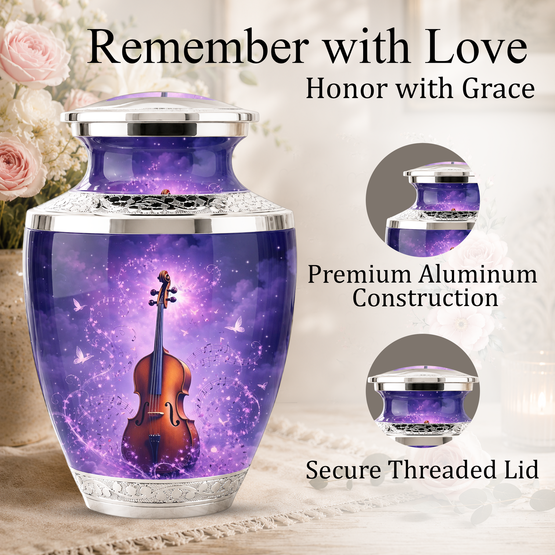 Purple Violin Cremation Urn for Mom and Dad, Musical Memorial Urn for Male and Female