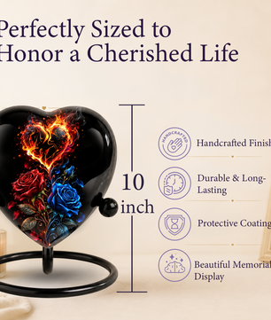 Fire and Roses Adult Cremation Urn for Ashes, Personalized Heart Urn, Red & Blue Rose Memorial Urn, Flame Cremation Urn, Adult Urn