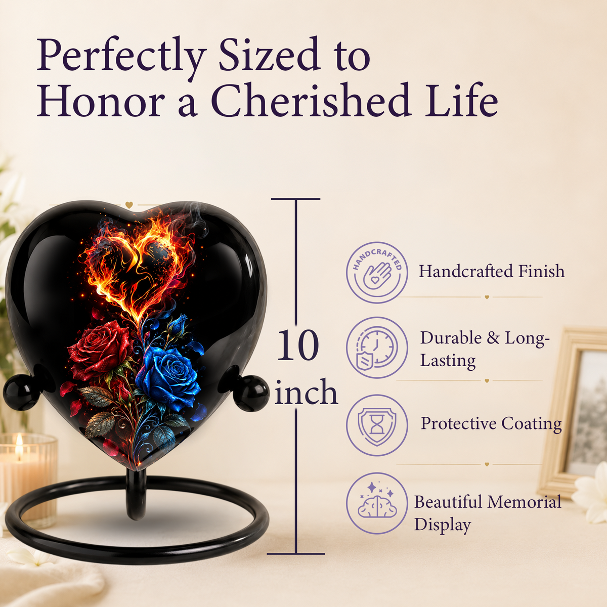 Fire and Roses Adult Cremation Urn for Ashes, Personalized Heart Urn, Red & Blue Rose Memorial Urn, Flame Cremation Urn, Adult Urn