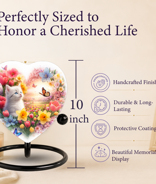 Personalized Cat Urn for Ashes – Heart-Shaped Floral Butterfly Memorial Adult Urn for Cremation Ashes