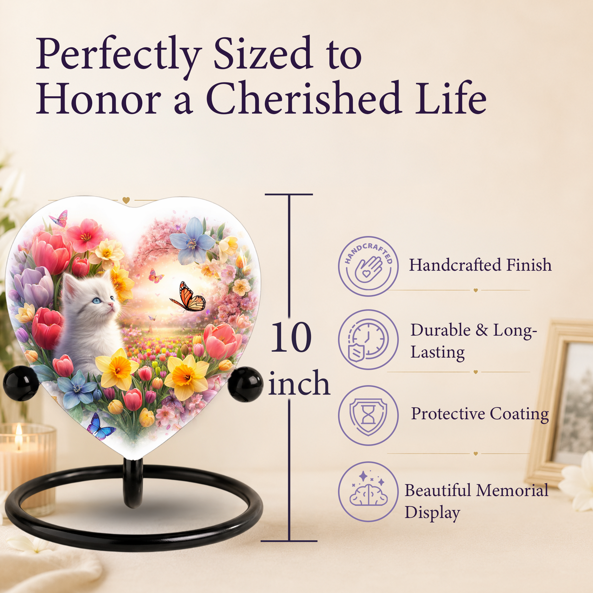 Personalized Cat Urn for Ashes – Heart-Shaped Floral Butterfly Memorial Adult Urn for Cremation Ashes