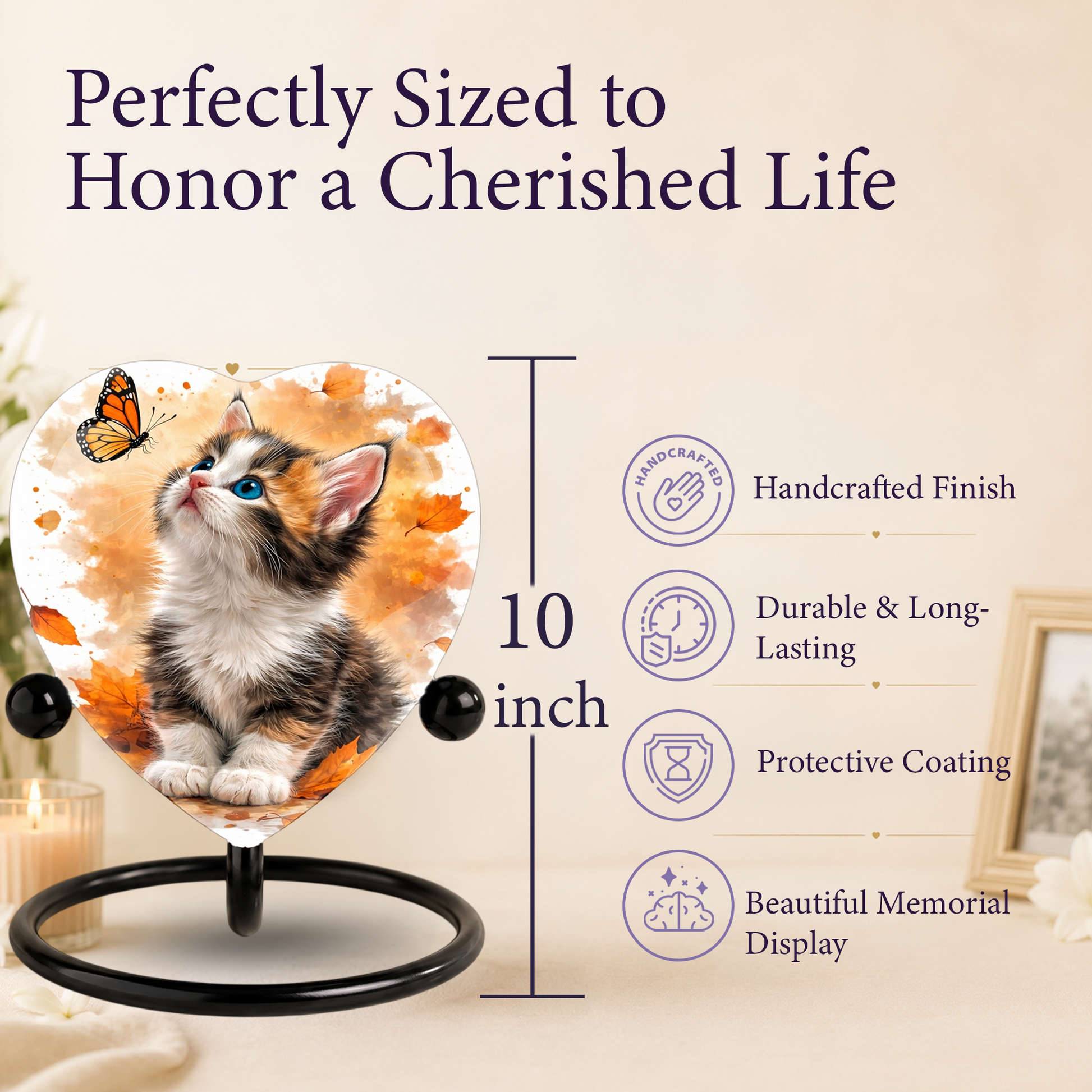 Personalized Cat Urn for Ashes – Autumn Kitten Butterfly Memorial Pet Urn