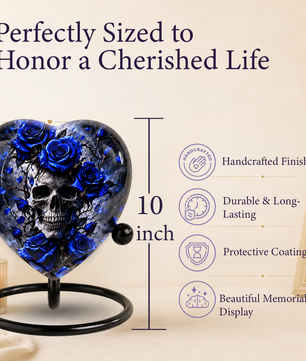 Blue Rose Skull Cremation Urn for Ashes, Gothic Memorial Urn, Blue Rose Urn, Skull Heart Urn, Personalized Adult Cremation Urn