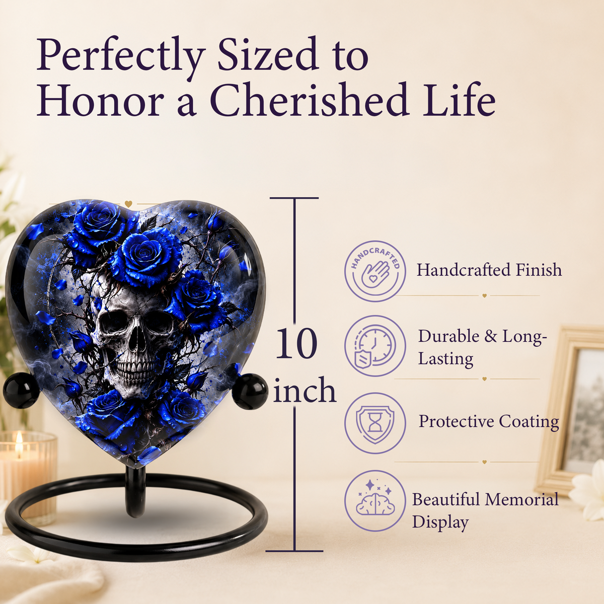 Blue Rose Skull Cremation Urn for Ashes, Gothic Memorial Urn, Blue Rose Urn, Skull Heart Urn, Personalized Adult Cremation Urn