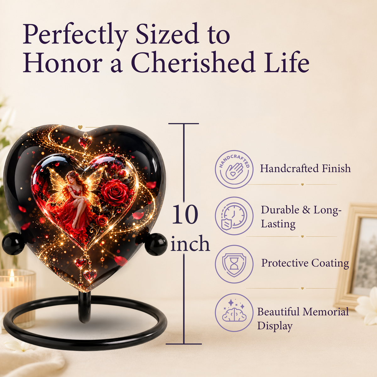 Heart Shaped Fairy Rose Urn for Ashes, Red Rose Cremation Urn