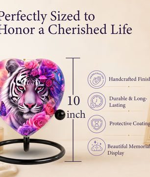 White Tiger Urn – Tiger Cremation Urn, Heart-Shaped Memorial Urn with Pink Roses