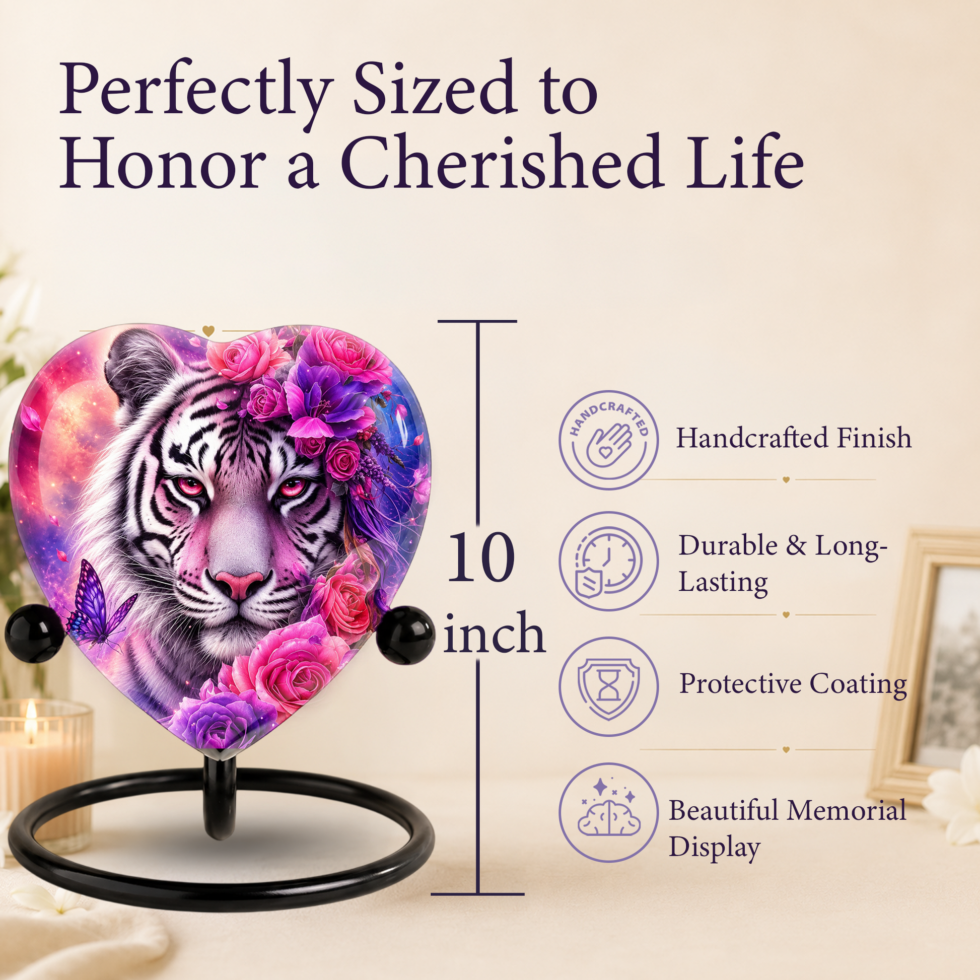 White Tiger Urn – Tiger Cremation Urn, Heart-Shaped Memorial Urn with Pink Roses