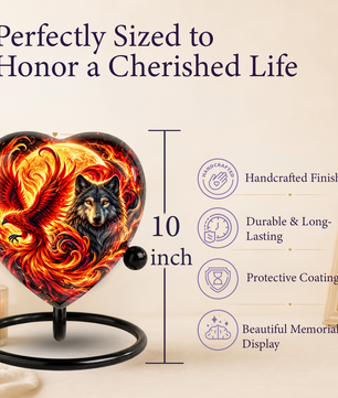 Heart Shaped Wolf and Phoenix Urn for Ashes, Personalized Fantasy Cremation Urn