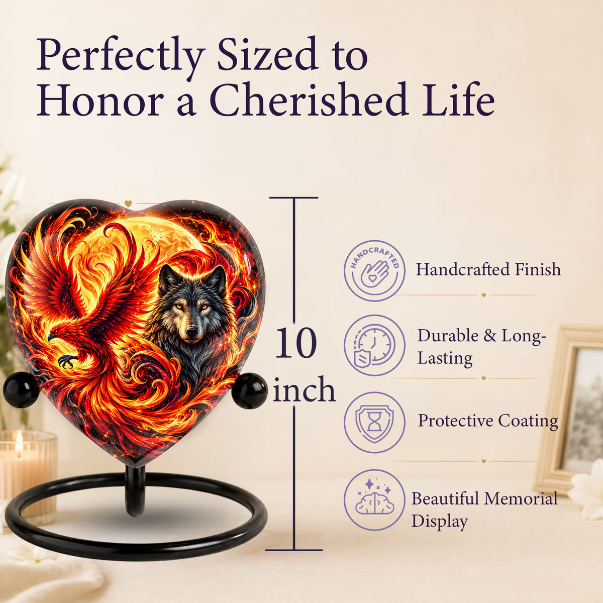 Heart Shaped Wolf and Phoenix Urn for Ashes, Personalized Fantasy Cremation Urn
