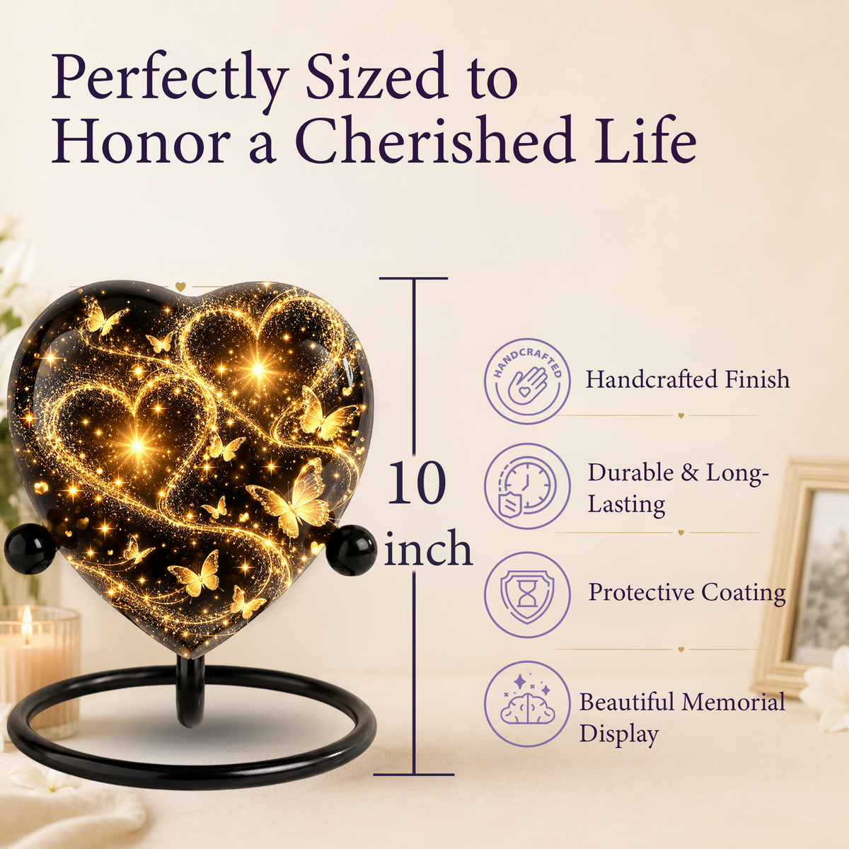 Butterfly Adult Urn for Ashes, Gold Heart Memorial Urn, Elegant Adult Cremation Urn
