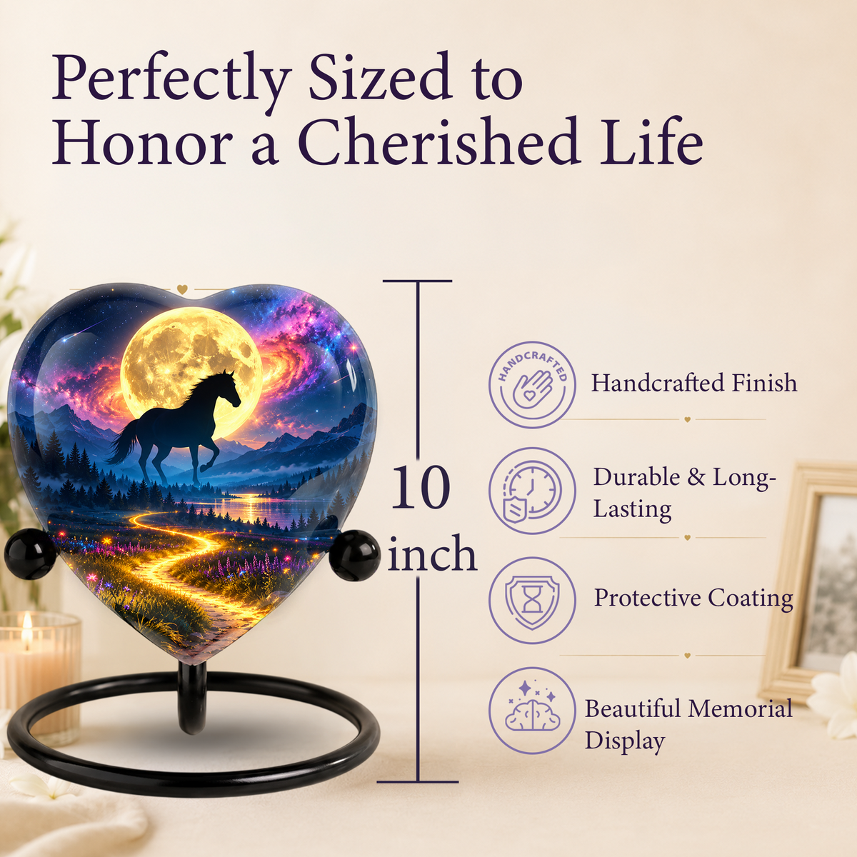 Horse Adult Urn for Ashes, Black Horse and Golden Moon Memorial Urn, Celestial Mountain Cremation Urn