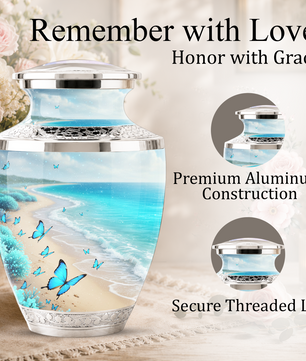 Blue Butterfly Beach Cremation Urn for Ashes - Custom Memorial Urn for Female