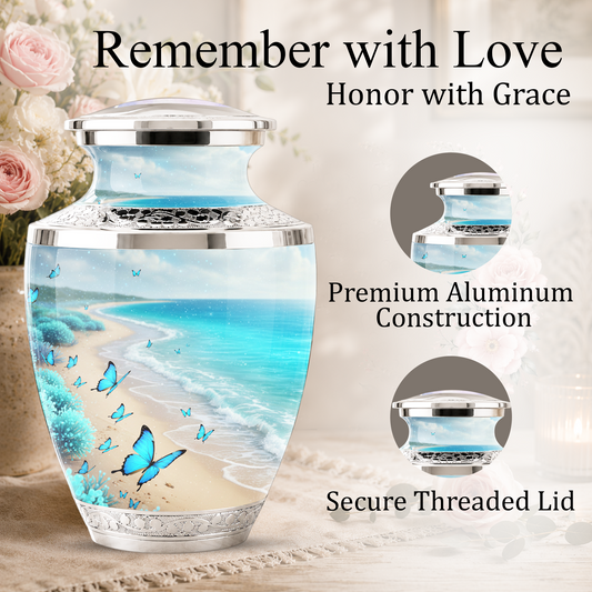 Blue Butterfly Beach Cremation Urn for Ashes - Custom Memorial Urn for Female