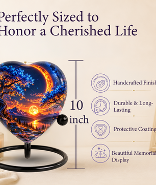 Heart Shaped Moon Urn for Ashes, Celestial Sunset Cremation Urn, Blue Tree and Crescent Moon Memorial Urn