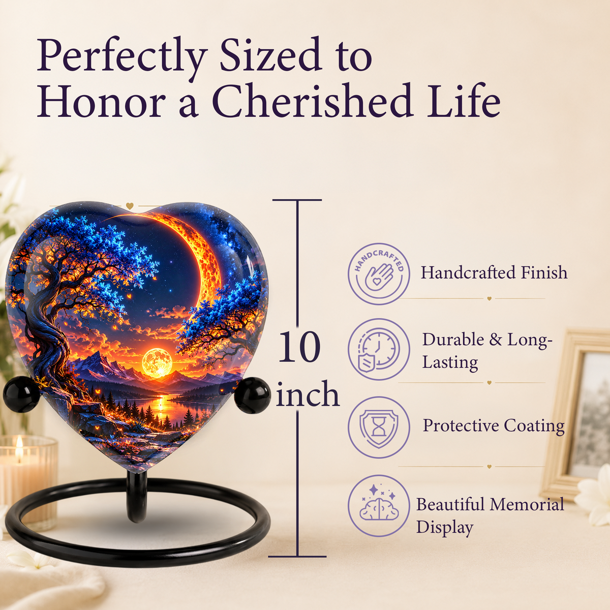 Heart Shaped Moon Urn for Ashes, Celestial Sunset Cremation Urn, Blue Tree and Crescent Moon Memorial Urn